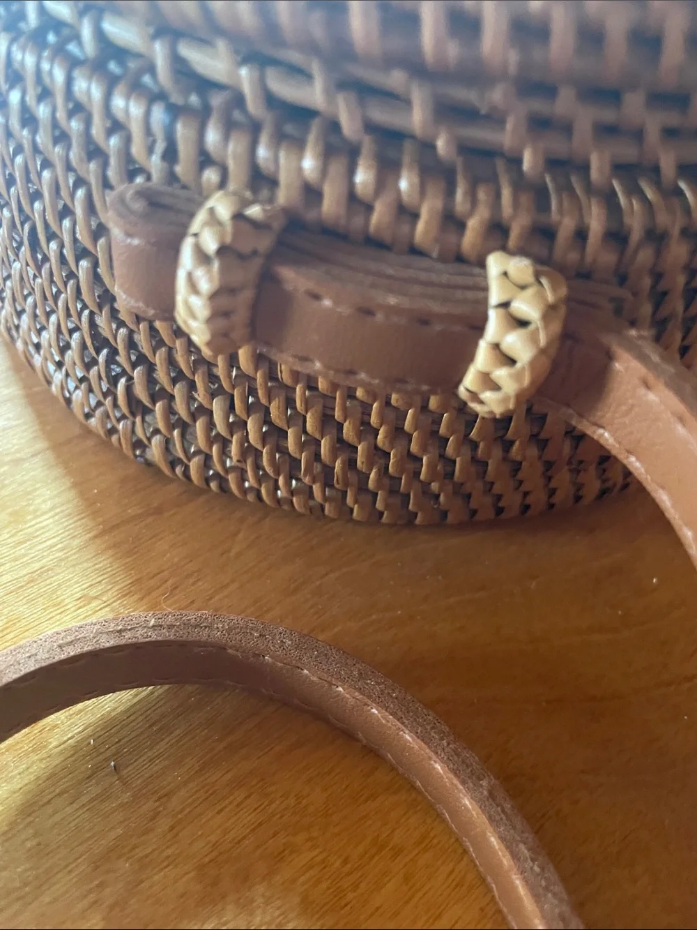 Round Woven Crossbody Bag in Brown